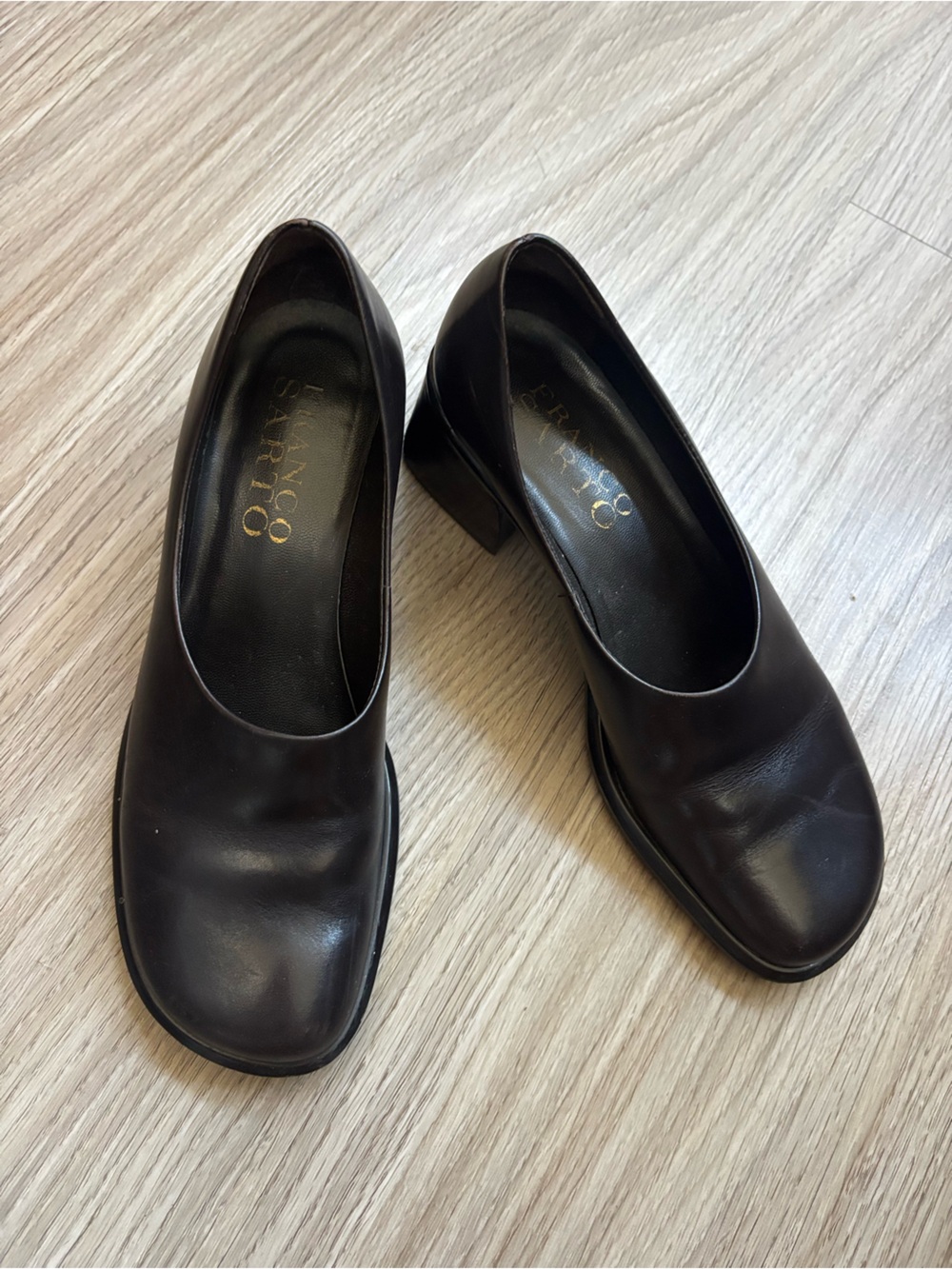 Franco Sarto Men’s Black Leather Oxfords with Low Block Heel
